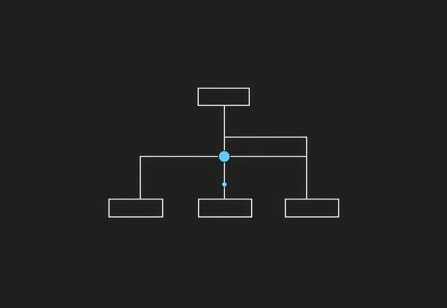 Flat hairline branching pathway diagram with one indigo-highlighted signaling branch on near-black