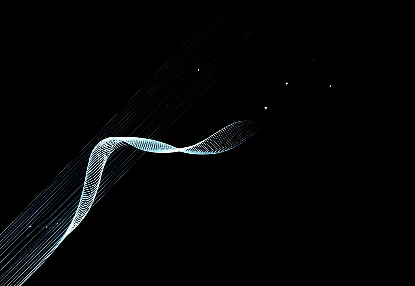 Flat hairline diagram of staggered collagen fibril strands with a single indigo synthesis-point tick on near-black