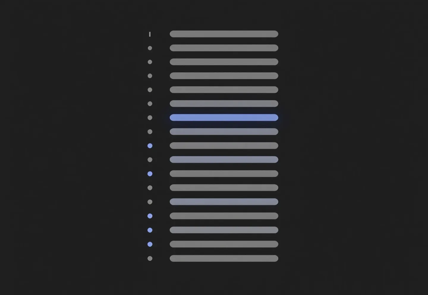 Flat hairline vertical ledger of eighteen citation marks with one indigo active row on near-black